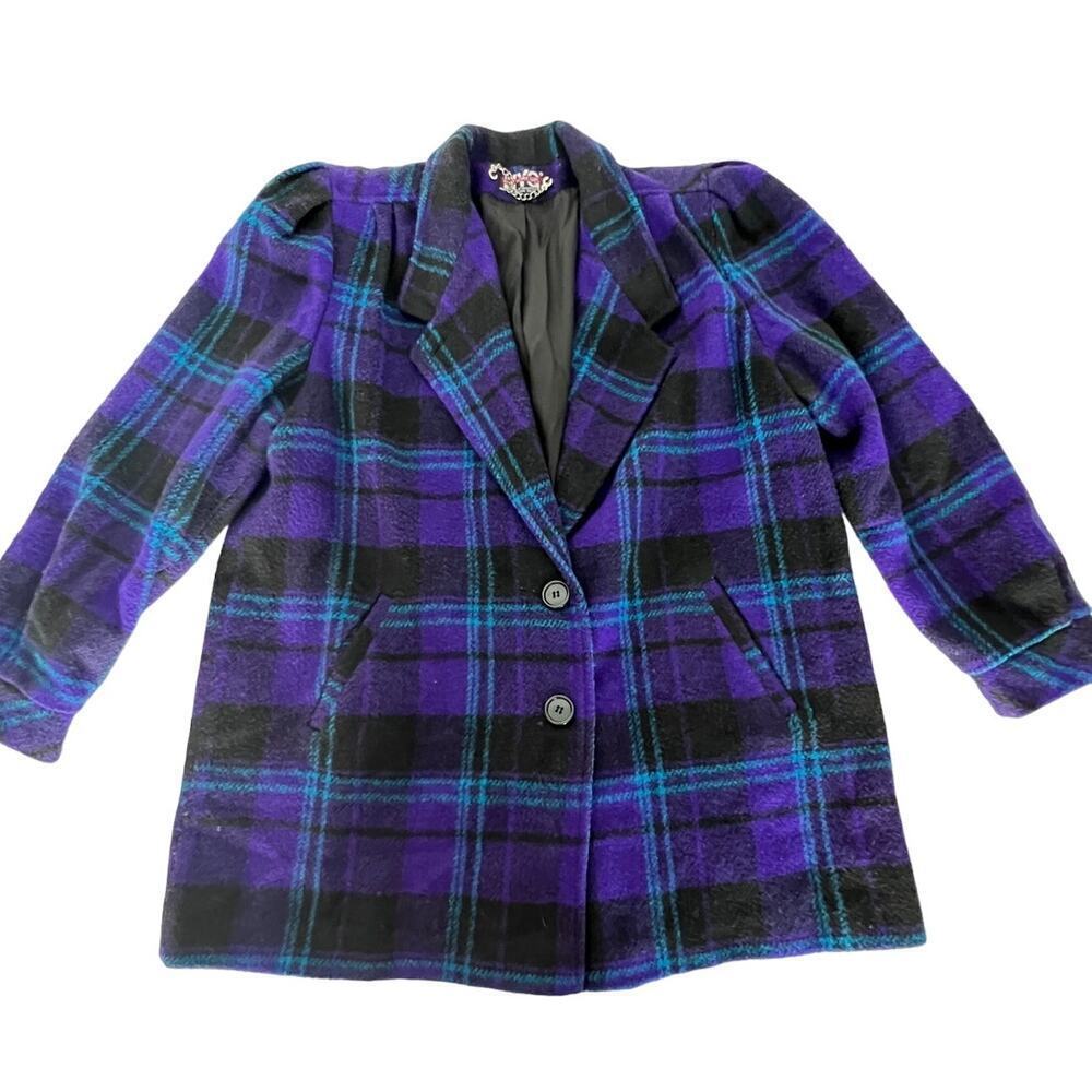 VNTG NY Girl Purple/Black Plaid, Shoulder Padded, Wool, Midi, Pea Coat- 16(XL)